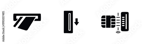 Set of minimalist black icons illustrating credit card transactions: inserting into a slot, swiping, and contactless chip reading.