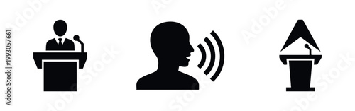A collection of black icons representing public speaking, communication, and presentations, featuring a speaker at a podium and voice symbols.