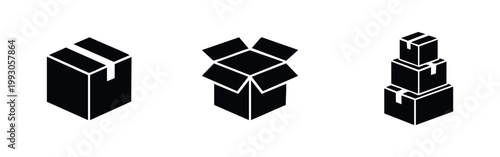 Photos Minimalist black box icons set representing open, closed, and stacked cardboard packages for shipping, delivery, logistics, and storage concepts