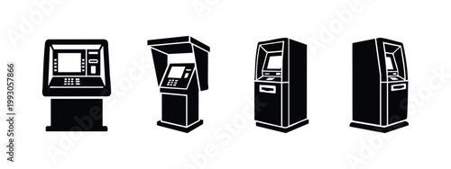 A set of four different black and white ATM machine icons shown from various angles, perfect for finance and banking design concepts.
