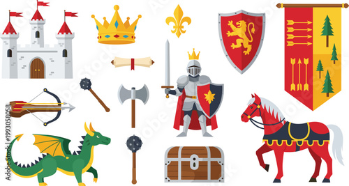 Medieval Fantasy Illustration Set Featuring Castles, Knights, Dragons, Swords, Shields, Crowns, and Magical Elements for Fantasy and Adventure Design Projects.