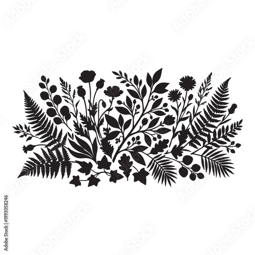 Black silhouette of wildflower bouquet and forest ferns meadow plants