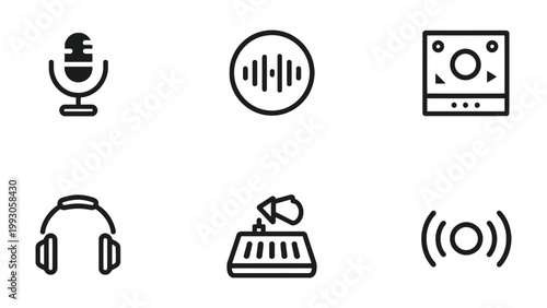 Audio Icons: A collection of simple, black-and-white icons representing various audio elements, perfect for design and technology concepts.