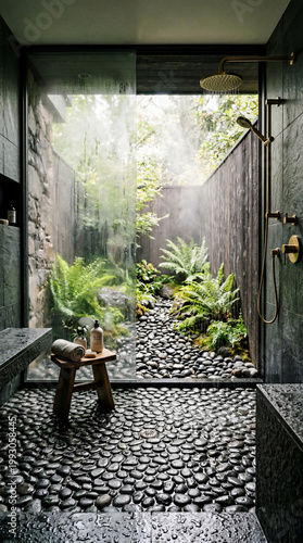 Modern luxury bathroom with black river rock floor and brass shower head opening to misty tropical garden with fern for art deco interior and mystic spa aesthetic