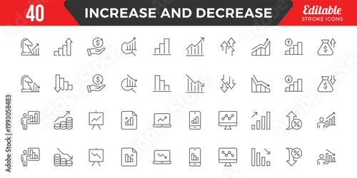 Increase and Decrease line Editable Icons set. Graph, Diagram, business growth, finance, economy, statistics, summary, profit, fall, arrow up, down,
and more. Simple vector icons. Editable Stroke.