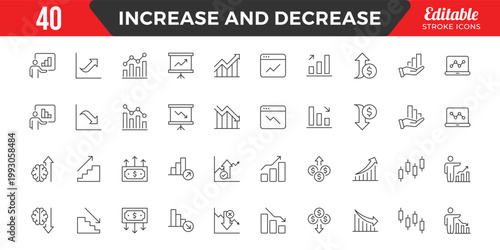 Increase and Decrease line Editable Icons set. Graph, Diagram, business growth, finance, economy, statistics, summary, profit, fall, arrow up, down,
and more. Simple vector icons. Editable Stroke.