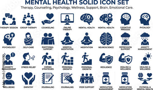 A comprehensive set of mental health icons for therapy, counseling, and wellness support