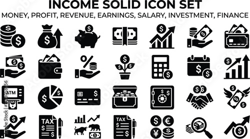 A comprehensive set of solid icons representing various aspects of finance and income