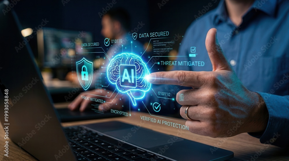 Naklejka premium Artificial intelligence security and data protection concept with digital trust icons.