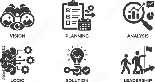 A set of business strategy icons representing vision, planning, analysis, logic, solution, and leadership.