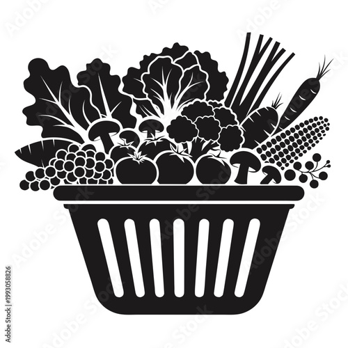 Fresh vegetable basket, black silhouette icon, grocery shopping, healthy food