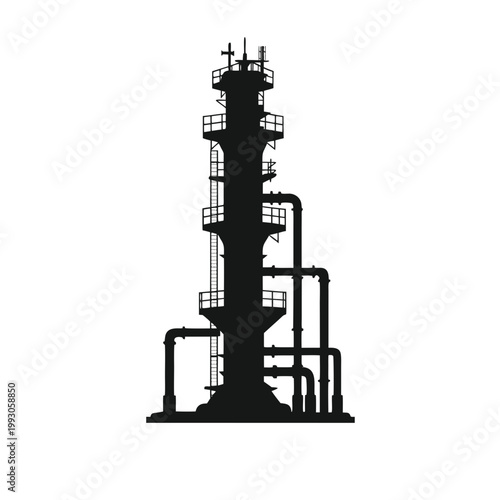 Industrial refinery, oil rig silhouette, factory tower, industrial pipe structure