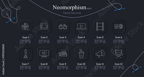 Movie production set icon. Film reel, stage curtain, 3D glasses, laptop player, cinema ladder frame, projector device, award statue, HD screen, ticket entry, soda drink