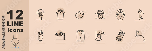 Golf equipment set icon. Line icons with golf ball on tee, shirt apparel, ball motion, golf emblem, player portrait, swing action, golf bag, windsock, shorts clothing, putting stroke