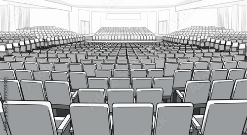 An empty, monochromatic auditorium filled with rows of tiered seating facing a stage