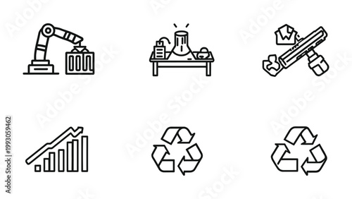 Industrial Icons and Recycling Concepts: This graphic art showcases icons related to industry and recycling, including a robotic arm manipulating a container, a scientific experiment setup.