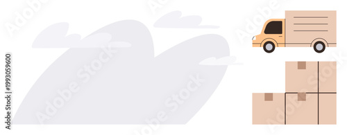 Shipping, logistics, delivery services, transportation, cargo management, goods distribution. Compact truck driving next to stacked boxes. Shipping and logistics concept modern transportation