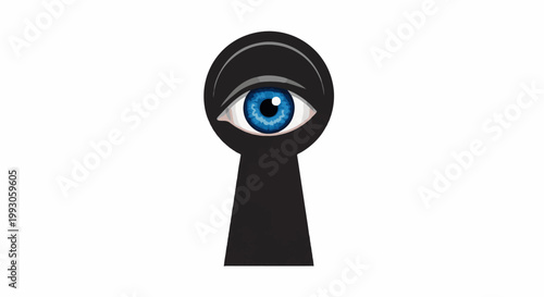 An eye peers out from a black keyhole, its blue iris detailed