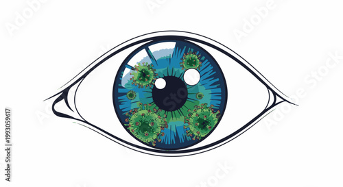 An eye with a blue iris containing viruses and a pupil