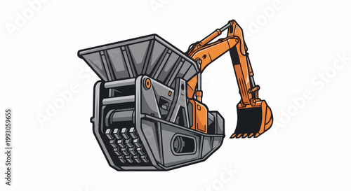 An excavator attachment with a hopper and a crushing mechanism is depicted