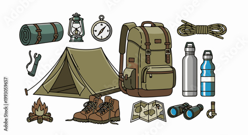 An illustrated collection of camping gear including a backpack, tent, sleeping roll, boots, lantern, and map