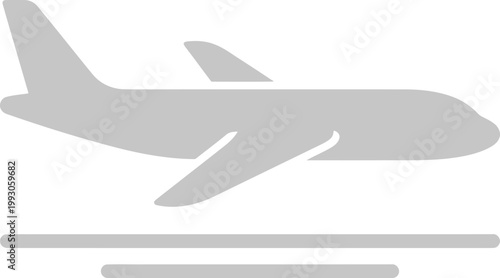 Simple vector illustration of a modern airplane graphic shown in profile descending towards landing strips