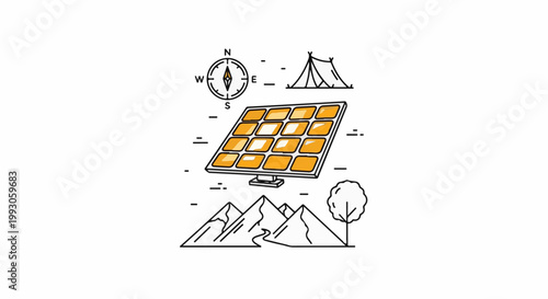 An illustration of a solar panel and camping gear in a natural environment