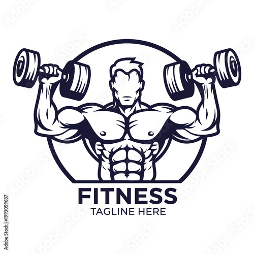 Muscular man lifting dumbbells in fitness logo design concept icon