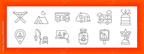Camping and caravan travel line icons set with folding stool, night tent, motorhome trailer, camper van, gas cylinder, campsite pin, fishing gear, campfire tank, outdoor signboard and portable burner