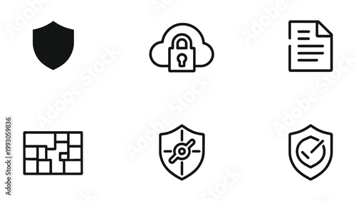 Digital Fortress: An assortment of shield, cloud, and document icons represent protection, data security, and safeguarding of information