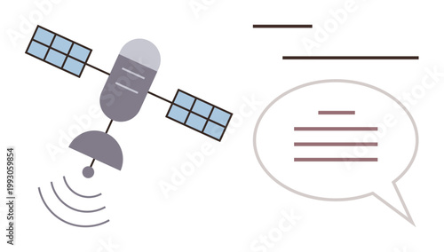 Satellite technology, global communication, data exchange, navigation systems, space innovation, remote monitoring. A satellite emits signals toward a speech bubble. Satellite technology