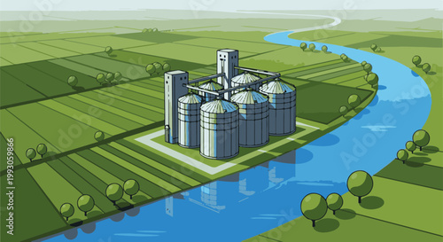 Aerial view of a rural landscape with a grain storage facility by a river