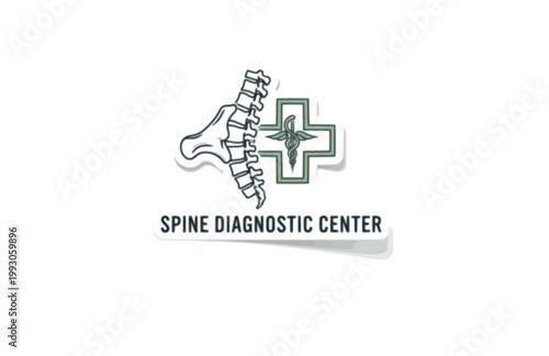 Spine Diagnostic Center Logo Sticker. Flat Vector Minimalist Human Vertebrae and Medical Cross for Health.