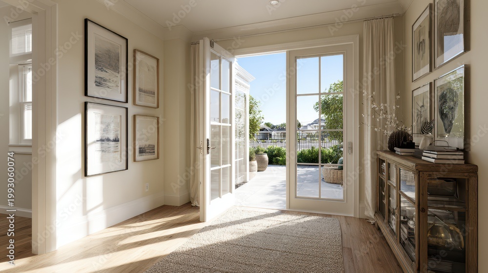 Fototapeta premium Bright and Airy Modern Interior Entryway with French Doors Leading to a Sunny Patio