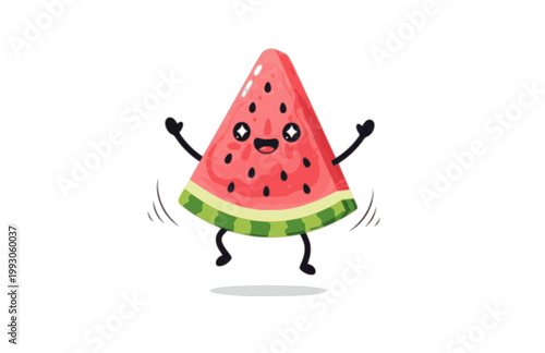 Cute Watermelon Character Jumping Sticker. Flat Vector Cartoon Fruit Slice Illustration for Summer.