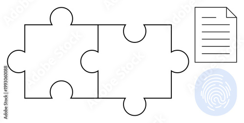Data security, identity verification, authentication, problem solving, teamwork, compliance documentation. Two connecting puzzle pieces, a document and a fingerprint icon. Identity verification