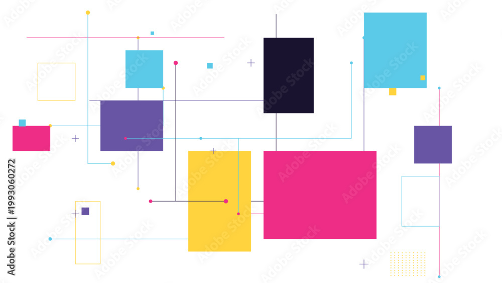 Fototapeta premium Abstract colorful geometric background with vibrant rectangles and digital network lines on white backdrop for creative tech design.