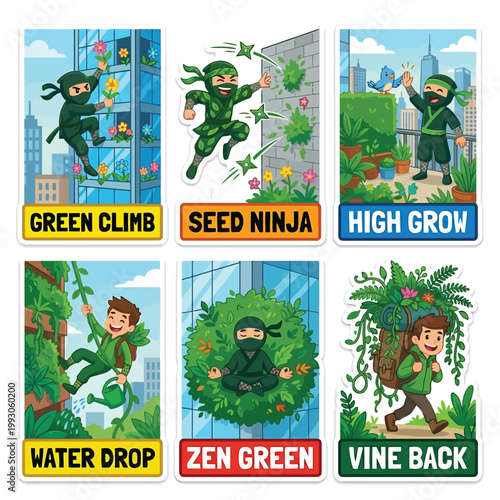 Stealthy 2D Stickers Of Ninjas Climbing Skyscrapers To Plant Hanging Gardens For World Environment Day Urban Vertical Farming City Greening And Future Food Systems Architecture Concept Art Scene