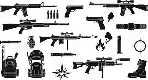 Variety of firearms and weaponry collection in black silhouette style