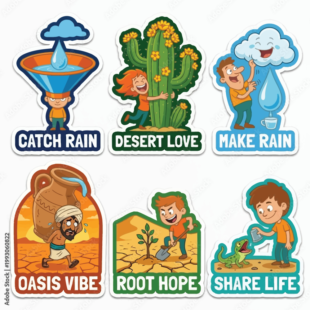 Fototapeta premium Epic 2D Stickers Of People Using Giant Funnels To Catch Rain And Hugging Blooming Cacti For World Environment Day Arid Land Irrigation Innovation Water Harvesting And Drought Solutions Concept Art