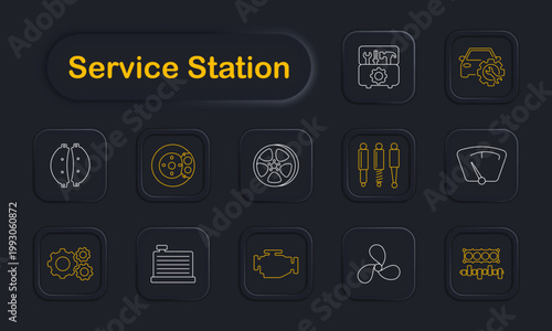 Service station set icon. Dark style icons display brake pads, clutch disc, wheel rim, shock absorbers, speedometer, gear wheels, radiator, engine block, fan propeller, axle system