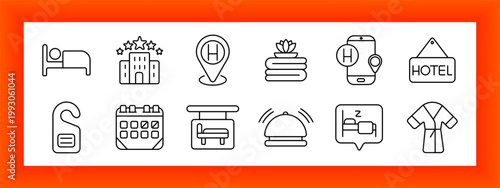 Hotel hospitality set icon. Bed sleep, building stars, location marker, spa stones, mobile service, hotel sign, door hanger, calendar booking, reception desk, service bell, sleep sign