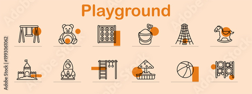 Playground set icon. Line symbols depict swing set, teddy bear, tic tac toe game, sandbox bucket, climbing net, rocking horse, castle, rocket toy, climbing bars, playhouse