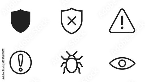 Cybersecurity Symbols and Signs: An array of cybersecurity icons illustrating protection and security, warning signals.