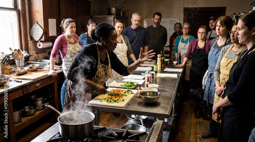 Chef instructor demonstrates vegetable prep for adult students in teaching kitchen showing culinary education teamwork practical skills group learning plus community food program plus coaching
