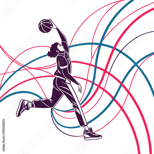 Basketball player, woman in action, jumping, throwing ball, dynamic sports illustration, athletic motion