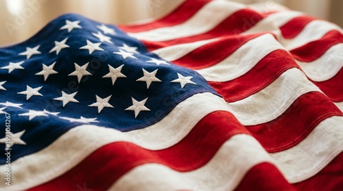 A gently draped textured American flag displays its iconic red white and blue colors and embroidered stars a symbol of national pride