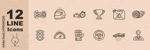 Racing motorsport set icon. Line icons with race car frame, helmet, podium timer, trophy cup, fuel can, wheel tire, traffic light, speedometer gauge, glove, steering wheel, sports car, gear lever