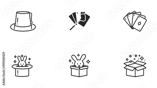 Magic Icons Set: Conjuring a world of wonder with enchanting line art icons featuring a magician's hat, playing cards, and a rabbit emerging from a box. Evoking mystery and excitement.