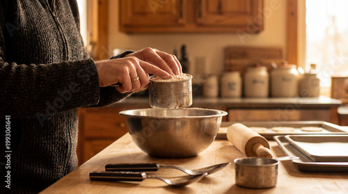 Hands sifting flour into mixing bowl on wooden kitchen table for home baking tutorial recipe development comfort food campaign domestic lifestyle from scratch cooking preparation homemade warmth